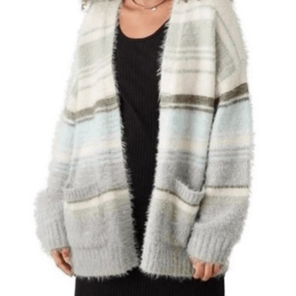 American Eagle sz M Womens Cozy Oversized Striped Open Front Sweater W/ Pockets